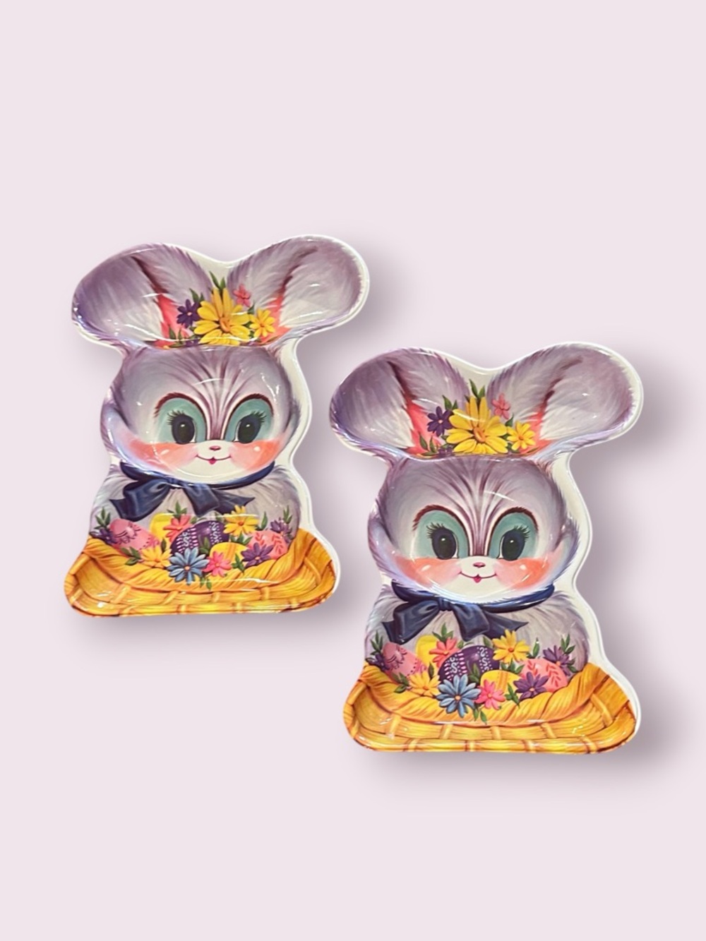 Vintage Plastic Bunny-Shaped Serving Dishes with Floral Basket Motif Easter